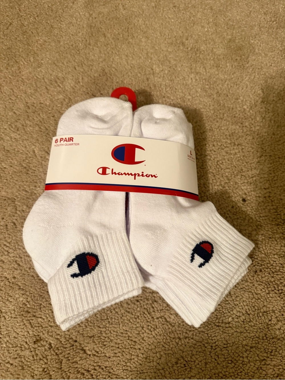 Champion White Youth Quarter Socks with Red & Blue Logo - 6 Pair